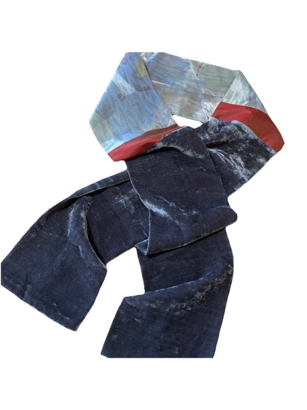 Elegant Vintage Cut Velvet Gray And Red Neck Scarf 6.5x70 Inches Art To Wear